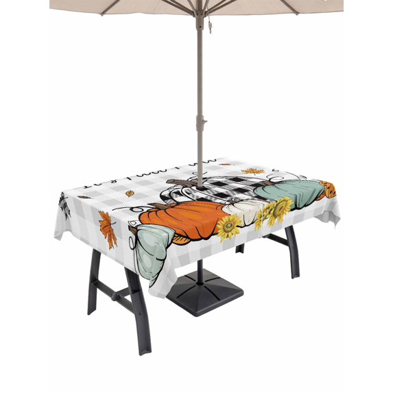 Outdoor Tablecloth with Umbrella Hole and Zipper, Fall Grey Rectangle Table Cloth 54x80 Inch Waterproof Tablecloth, Thanksgiving Plaid Pumpkin Maple Leaf Sunflower Picnic Table Cover for Patio