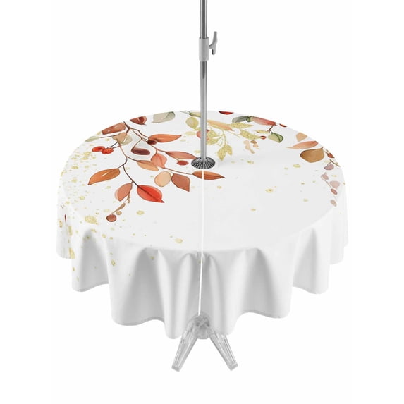 Outdoor Tablecloth with Umbrella Hole Zipper Fall Leaves Round Tablecloth 54" Waterproof Outside Table Cloth Country Watercolor Orange Eucalyptus Plants Patio Table Cover Tablecloths for Picnic Party