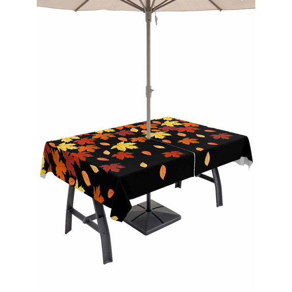 Outdoor Tablecloth with Umbrella Hole and Zipper, Fall Maple Leaf Rectangle Table Cloth 54x80 Inch Waterproof Tablecloth, Thanksgiving Yellow Orange Plant Black Picnic Table Cover for Patio Camping