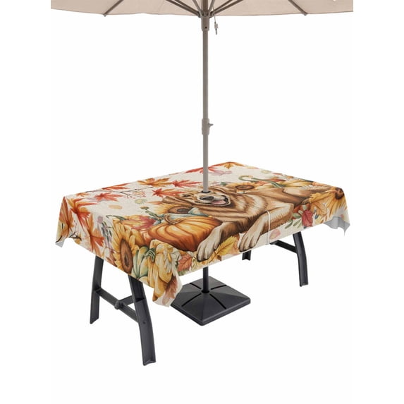 Outdoor Tablecloth with Umbrella Hole and Zipper, Fall Maple Leaf Rectangle Table Cloth 60x102 Inch Waterproof Tablecloth, Thanksgiving Pumpkin Sunflower Puppy Picnic Table Cover for Patio Camping