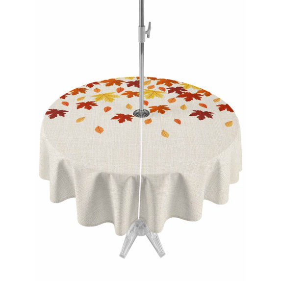 Outdoor Tablecloth with Umbrella Hole and Zipper, Fall Maple Leaf Round Table Cloth 60 Inch Waterproof Tablecloth, Thanksgiving Vintage Yellow Orange on Linen Picnic Table Cover for Patio Camping