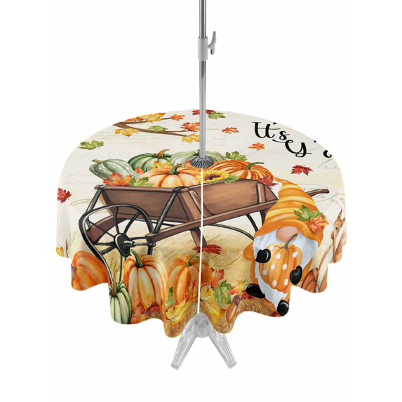 Outdoor Tablecloth with Umbrella Hole and Zipper, Fall Maple Leaves Round Table Cloth 60 Inch Waterproof Tablecloth, Thanksgiving Pumpkins Gnomes Rustic Picnic Table Cover for Patio Camping