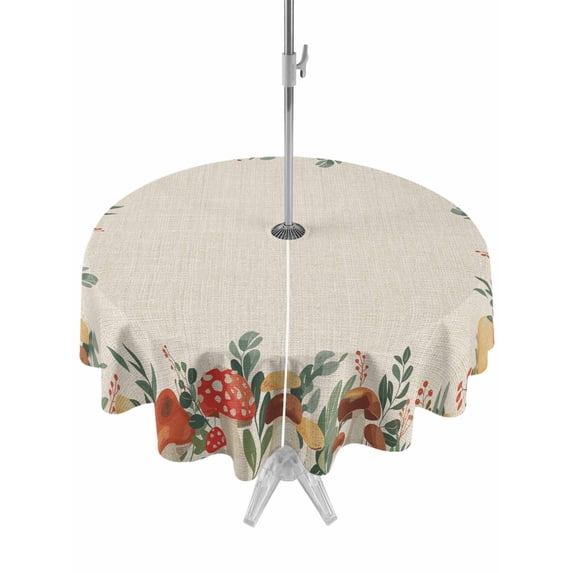 Outdoor Tablecloth with Umbrella Hole and Zipper, Fall Mushrooms Round Table Cloth 60 Inch Waterproof Tablecloth, Autumn Green Eucalyptus Leaves Plants Picnic Table Cover for Patio Camping