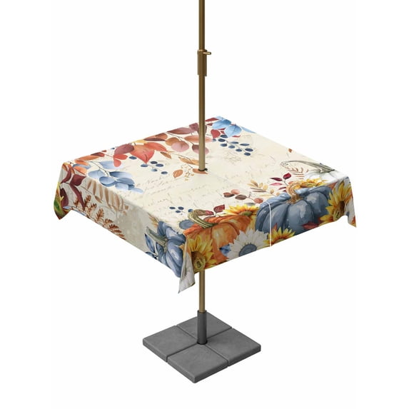 Outdoor Tablecloth with Umbrella Hole and Zipper, Fall Orange Blue Pumpkin Square Table Cloth 54x54 Inch Waterproof Tablecloth, Thanksgiving Sunflowers Leaves Picnic Table Cover for Patio Camping