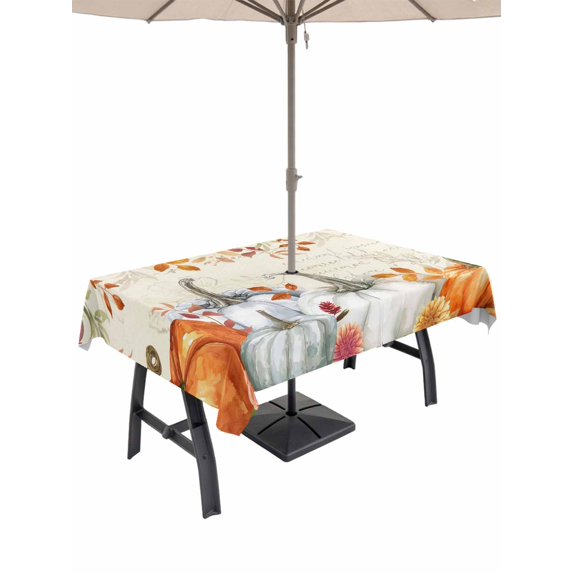 Outdoor Tablecloth with Umbrella Hole and Zipper, Fall Orange Blue Rectangle Table Cloth 54x80 Inch Waterproof Tablecloth, Autumn Thanksgiving Floral Botanical Picnic Table Cover for Patio Camping