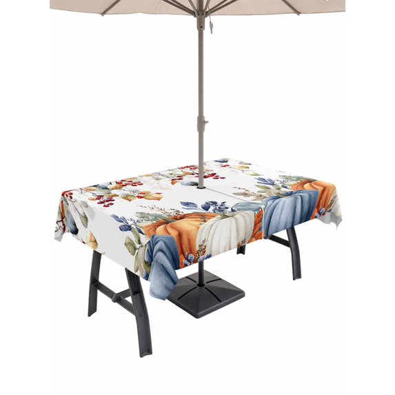 Outdoor Tablecloth with Umbrella Hole and Zipper, Fall Orange Blue Rectangle Table Cloth 60x102 Inch Waterproof Tablecloth, Thanksgiving Pumpkins Botanical Vintage Picnic Table Cover for Patio