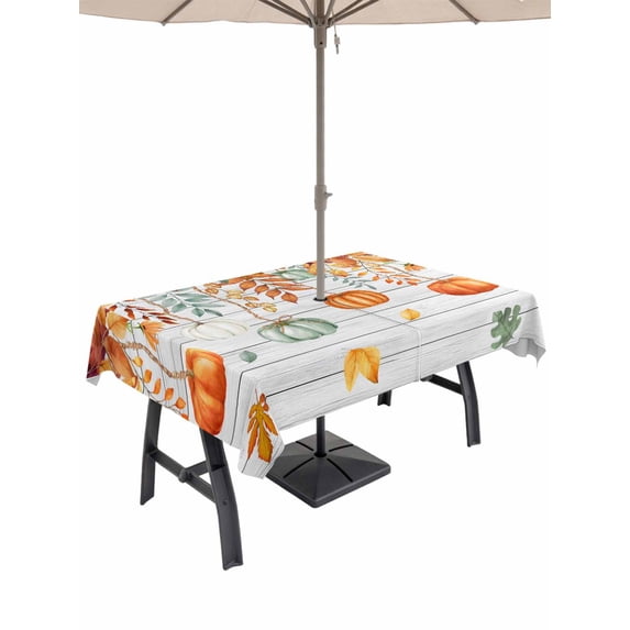 Outdoor Tablecloth with Umbrella Hole and Zipper, Fall Orange Green Pumpkins Rectangle Table Cloth 54x80 Inch Waterproof Tablecloth, Thanksgiving Maple Leaf Vintage Picnic Table Cover for Patio