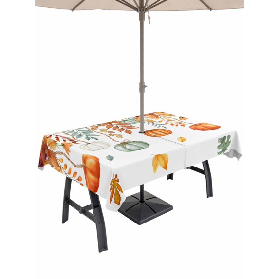 Outdoor Tablecloth with Umbrella Hole and Zipper, Fall Orange Green Pumpkins Rectangle Table Cloth 60x84 Inch Waterproof Tablecloth, Thanksgiving Maple Leaf Picnic Table Cover for Patio Camping
