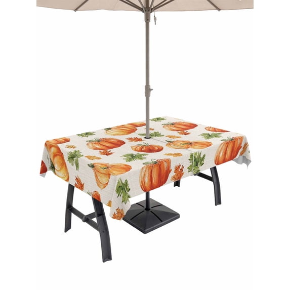 Outdoor Tablecloth with Umbrella Hole and Zipper, Fall Orange Pumpkins Rectangle Table Cloth 60x120 Inch Waterproof Tablecloth, Autumn Maple Thanksgiving Retro Country Picnic Table Cover for Patio