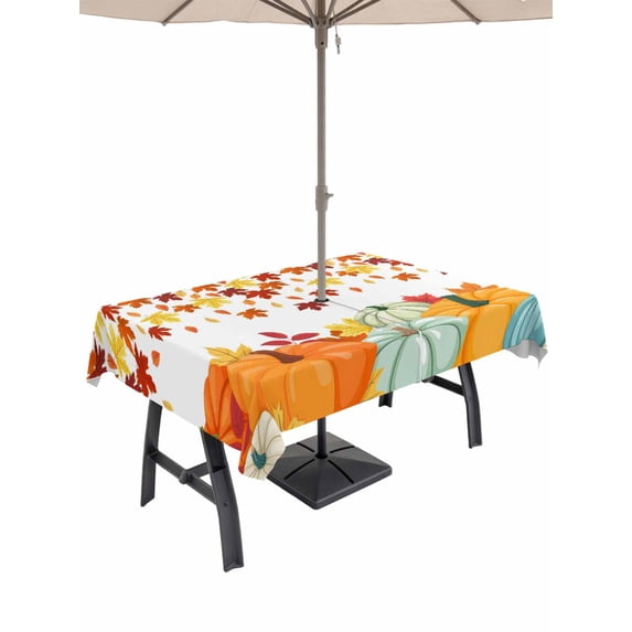 Outdoor Tablecloth with Umbrella Hole and Zipper, Fall Orange Pumpkins Rectangle Table Cloth 60x84 Inch Waterproof Tablecloth, Thanksgiving Farmhouse Maple Leaf Picnic Table Cover for Patio Camping