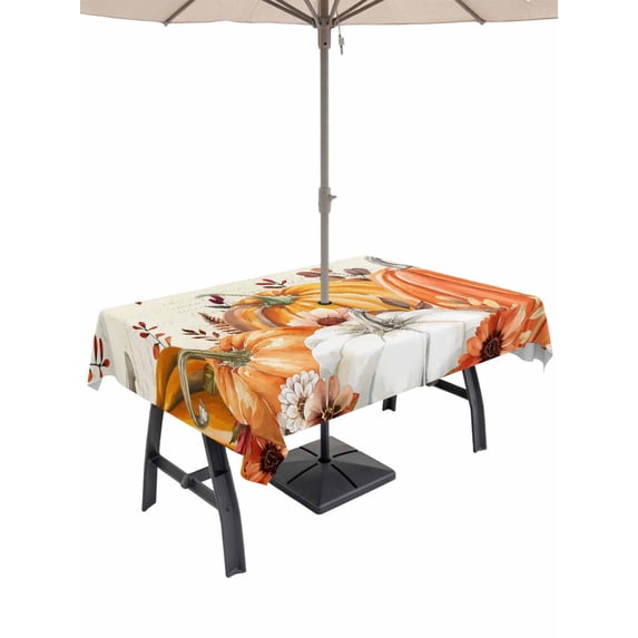 Outdoor Tablecloth with Umbrella Hole and Zipper, Fall Orange Pumpkins Rectangle Table Cloth 60x84 Inch Waterproof Tablecloth, Thanksgiving Floral Maple Leaf Picnic Table Cover for Patio Camping