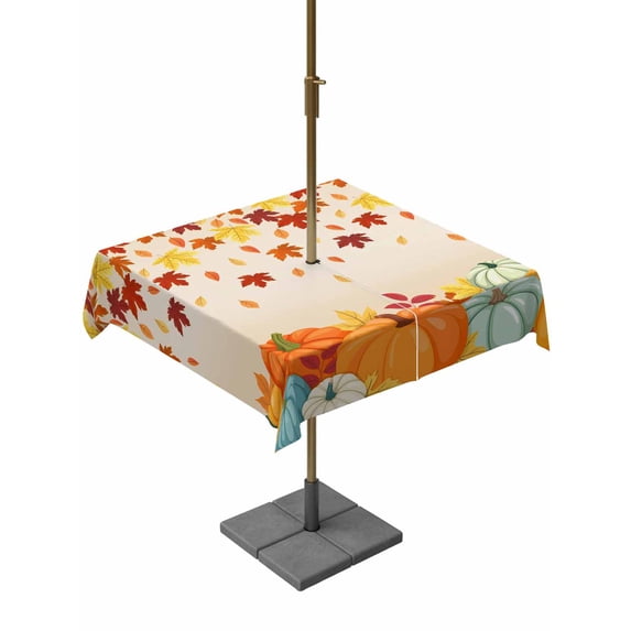 Outdoor Tablecloth with Umbrella Hole and Zipper, Fall Orange Pumpkins Square Table Cloth 54x54 Inch Waterproof Tablecloth, Autumn Farmhouse Maple Leaves Picnic Table Cover for Patio Camping