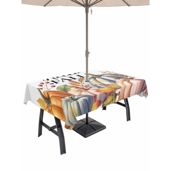 Outdoor Tablecloth with Umbrella Hole and Zipper, Fall Pumpkin Rectangle Table Cloth 54x80 Inch Waterproof Tablecloth, Pink Orange Blue Thanksgiving Leaves Fruit Picnic Table Cover for Patio Camping