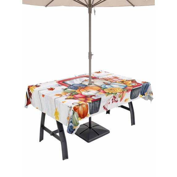 Outdoor Tablecloth with Umbrella Hole and Zipper, Fall Pumpkin Rectangle Table Cloth 54x80 Inch Waterproof Tablecloth, Thanksgiving Truck Leaf Gray Wood Grain Picnic Table Cover for Patio Camping