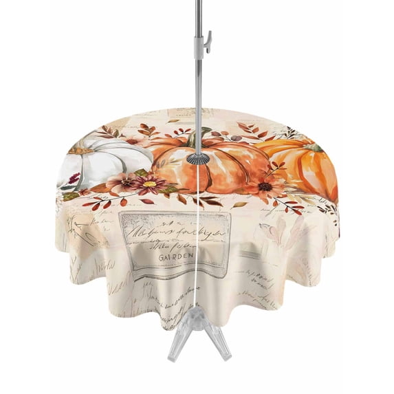 Outdoor Tablecloth with Umbrella Hole and Zipper, Fall Pumpkin Round Table Cloth 60 Inch Waterproof Tablecloth, Thanksgiving Autumn Leaves Floral Picnic Table Cover for Patio Camping