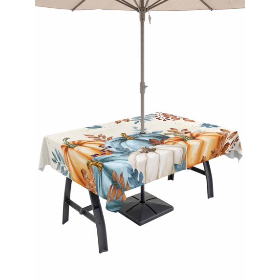 Outdoor Tablecloth with Umbrella Hole and Zipper, Fall Pumpkins Orange Blue Rectangle Table Cloth 60x84 Inch Waterproof Tablecloth, Thanksgiving Botanical Retro Picnic Table Cover for Patio Camping
