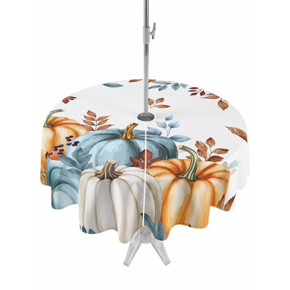 Outdoor Tablecloth with Umbrella Hole and Zipper, Fall Pumpkins Orange Blue Round Table Cloth 54 Inch Waterproof Tablecloth, Thanksgiving Botanical Picnic Table Cover for Patio Camping