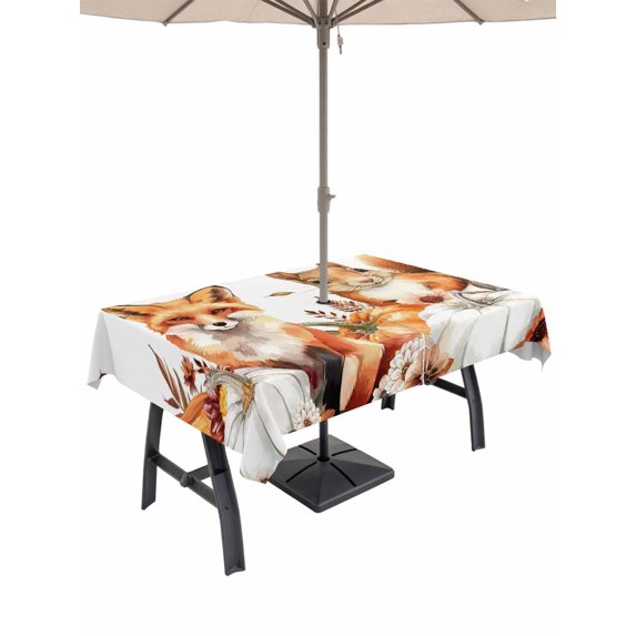 Outdoor Tablecloth with Umbrella Hole and Zipper, Fall Pumpkins Rectangle Table Cloth 52x70 Inch Waterproof Tablecloth, Thanksgiving Squirrel Fox Flower Leaf Picnic Table Cover for Patio Camping