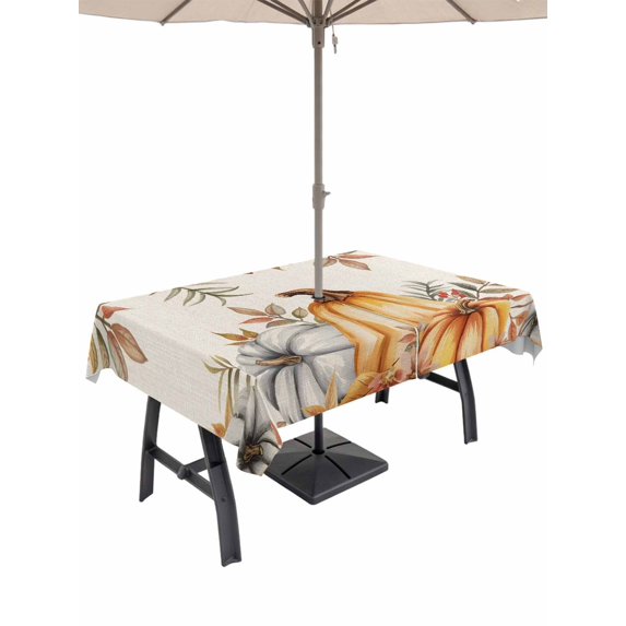 Outdoor Tablecloth with Umbrella Hole and Zipper, Fall Pumpkins Rectangle Table Cloth 54x80 Inch Waterproof Tablecloth, Thanksgiving Country Flower Leaf on Linen Picnic Table Cover for Patio Camping