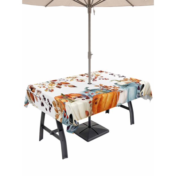 Outdoor Tablecloth with Umbrella Hole and Zipper, Fall Pumpkins Rectangle Table Cloth 60x120 Inch Waterproof Tablecloth, Botanical Thanksgiving Orange Blue Picnic Table Cover for Patio Camping