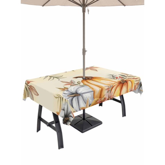 Outdoor Tablecloth with Umbrella Hole and Zipper, Fall Pumpkins Rectangle Table Cloth 60x120 Inch Waterproof Tablecloth, Thanksgiving Country Flower Leaf Orange Picnic Table Cover for Patio Camping