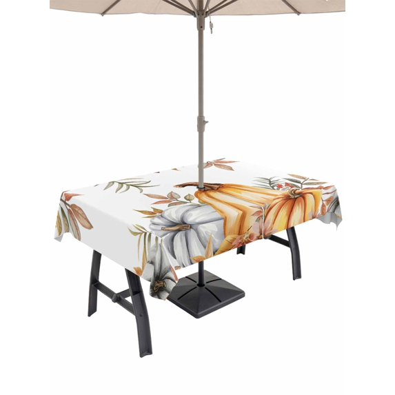 Outdoor Tablecloth with Umbrella Hole and Zipper, Fall Pumpkins Rectangle Table Cloth 60x120 Inch Waterproof Tablecloth, Thanksgiving Country Rustic Flower Leaf Picnic Table Cover for Patio Camping