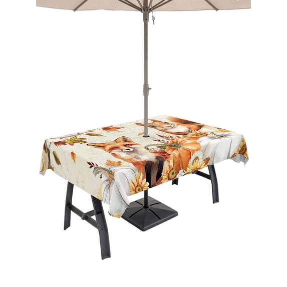 Outdoor Tablecloth with Umbrella Hole and Zipper, Fall Pumpkins Rectangle Table Cloth 60x120 Inch Waterproof Tablecloth, Thanksgiving Farmhouse Maple Leaf Squirrel Picnic Table Cover for Patio