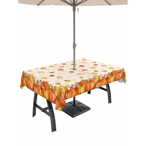 Outdoor Tablecloth with Umbrella Hole and Zipper, Fall Pumpkins Rectangle Table Cloth 60x120 Inch Waterproof Tablecloth, Thanksgiving Orange Maple Leaf Textured Picnic Table Cover for Patio Camping