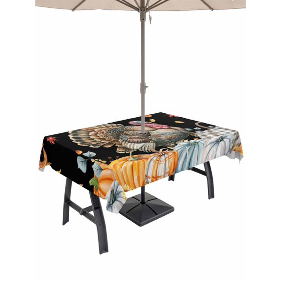 Outdoor Tablecloth with Umbrella Hole and Zipper, Fall Pumpkins Rectangle Table Cloth 60x84 Inch Waterproof Tablecloth, Thanksgiving Turkey Autumn Leaves Birds Black Picnic Table Cover for Patio