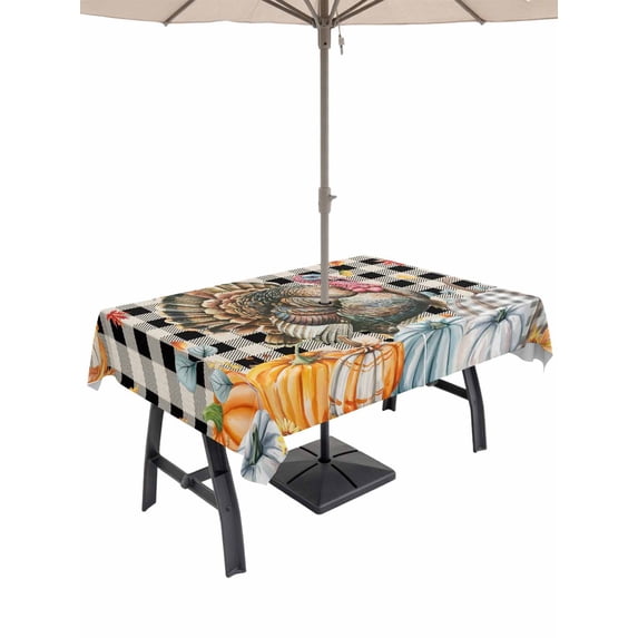 Outdoor Tablecloth with Umbrella Hole and Zipper, Fall Pumpkins Rectangle Table Cloth 60x84 Inch Waterproof Tablecloth, Thanksgiving Turkey Maple Buffalo Plaid Picnic Table Cover for Patio Camping