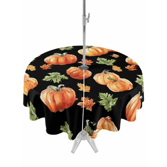 Outdoor Tablecloth with Umbrella Hole and Zipper, Fall Pumpkins Retro Round Table Cloth 54 Inch Waterproof Tablecloth, Thanksgiving Maple Leaves Rustic Black Picnic Table Cover for Patio Camping