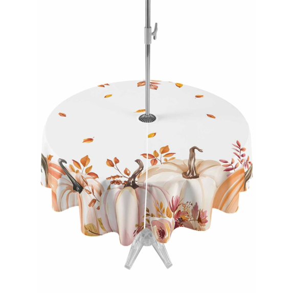 Outdoor Tablecloth with Umbrella Hole and Zipper, Fall Pumpkins Round Table Cloth 54 Inch Waterproof Tablecloth, Thanksgiving Autumn Wildflowers Rustic Leaves Picnic Table Cover for Patio Camping