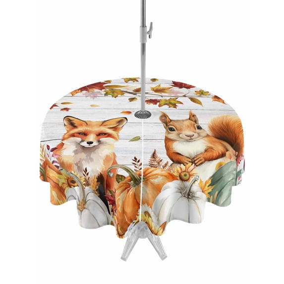 Outdoor Tablecloth with Umbrella Hole and Zipper, Fall Pumpkins Round Table Cloth 54 Inch Waterproof Tablecloth, Thanksgiving Maple Leaf Fox Squirrel Picnic Table Cover for Patio Camping