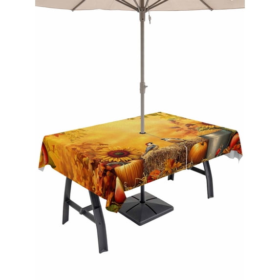 Outdoor Tablecloth with Umbrella Hole and Zipper, Fall Rectangle Table Cloth 54x80 Inch Waterproof Tablecloth, Thanksgiving Pumpkin Sunflower Maple Leaf Bird Picnic Table Cover for Patio Camping