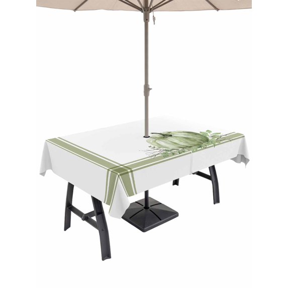 Outdoor Tablecloth with Umbrella Hole and Zipper, Fall Rectangle Table Cloth 60x102 Inch Waterproof Tablecloth, Sage Green Pumpkin Thanksgiving Stripe Leaf Picnic Table Cover for Patio Camping