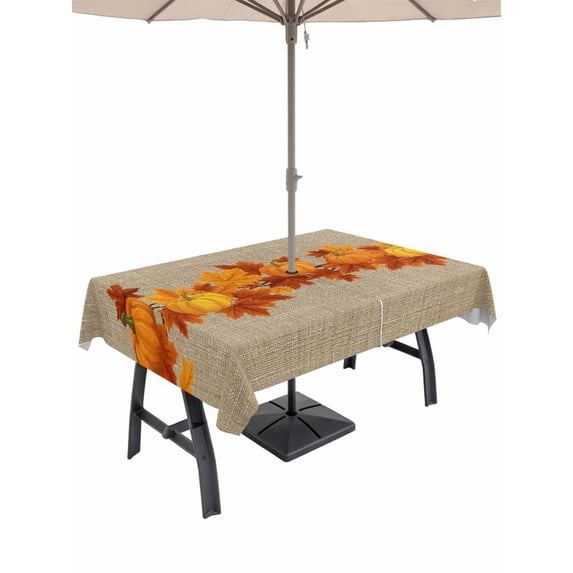 Outdoor Tablecloth with Umbrella Hole and Zipper, Fall Rectangle Table Cloth 60x102 Inch Waterproof Tablecloth, Thanksgiving Pumpkins Maple Leaf Retro Picnic Table Cover for Patio Camping