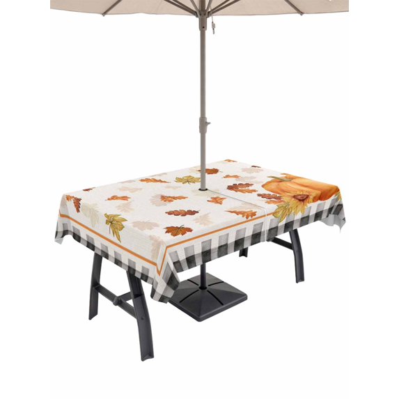 Outdoor Tablecloth with Umbrella Hole and Zipper, Fall Rectangle Table Cloth 60x120 Inch Waterproof Tablecloth, Orange Pumpkin Autumn Maple Leaf Sunflower Black Plaid Picnic Table Cover for Patio