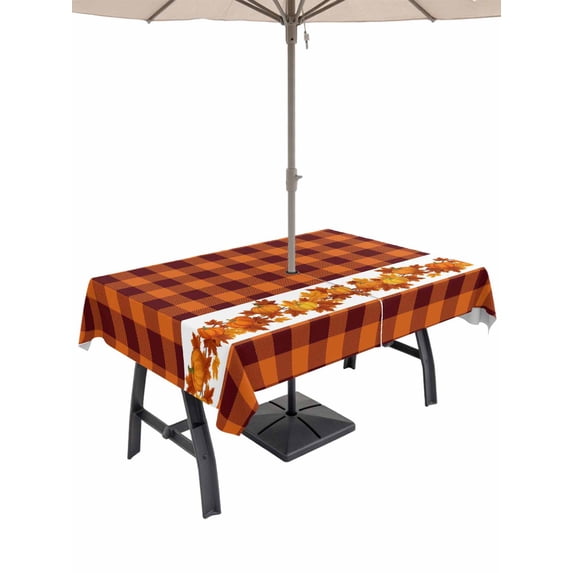 Outdoor Tablecloth with Umbrella Hole and Zipper, Fall Rectangle Table Cloth 60x120 Inch Waterproof Tablecloth, Thanksgiving Orange Pumpkin Maple Leaves Plaid Picnic Table Cover for Patio Camping