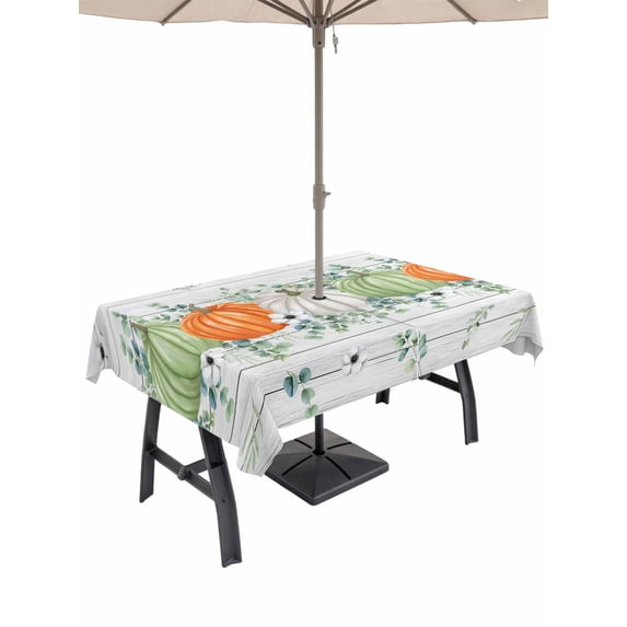 Outdoor Tablecloth with Umbrella Hole and Zipper, Fall Rectangle Table Cloth 60x84 Inch Waterproof Tablecloth, Orange Green Pumpkin Thanksgiving Eucalyptus Wood Picnic Table Cover for Patio Camping