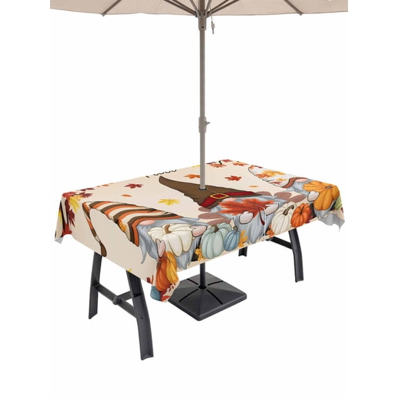 Outdoor Tablecloth with Umbrella Hole and Zipper, Fall Rectangle Table Cloth 60x84 Inch Waterproof Tablecloth, Orange Pumpkins Thanksgiving Gnomes Autumn Maple Leaf Picnic Table Cover for Patio