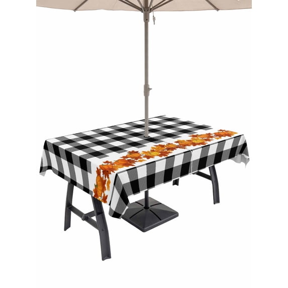 Outdoor Tablecloth with Umbrella Hole and Zipper, Fall Rectangle Table Cloth 60x84 Inch Waterproof Tablecloth, Thanksgiving Orange Pumpkin Maple Leaves Checkered Picnic Table Cover for Patio Camping