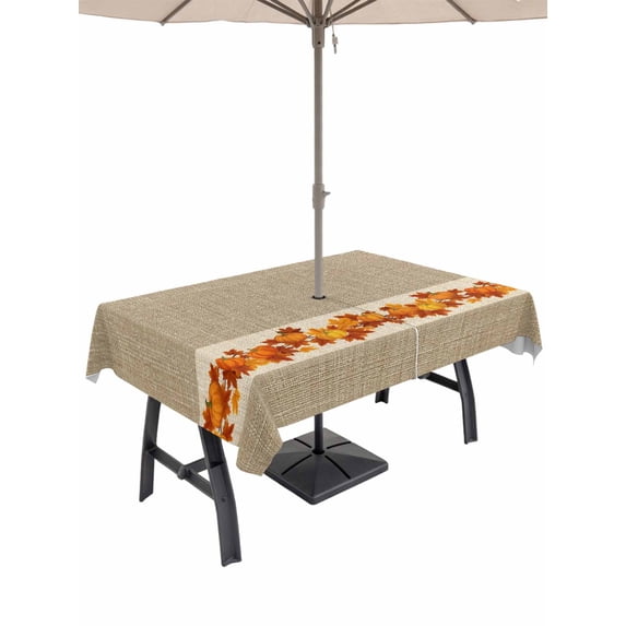 Outdoor Tablecloth with Umbrella Hole and Zipper, Fall Rectangle Table Cloth 60x84 Inch Waterproof Tablecloth, Thanksgiving Orange Pumpkin Maple Leaves Rustic Picnic Table Cover for Patio Camping