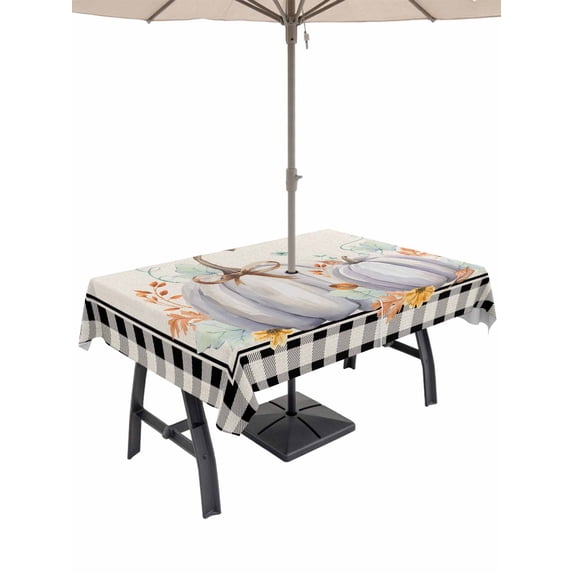 Outdoor Tablecloth with Umbrella Hole and Zipper, Fall Rectangle Table Cloth 60x84 Inch Waterproof Tablecloth, Thanksgiving Pumpkins Autumn Leaf Black Plaid Picnic Table Cover for Patio Camping