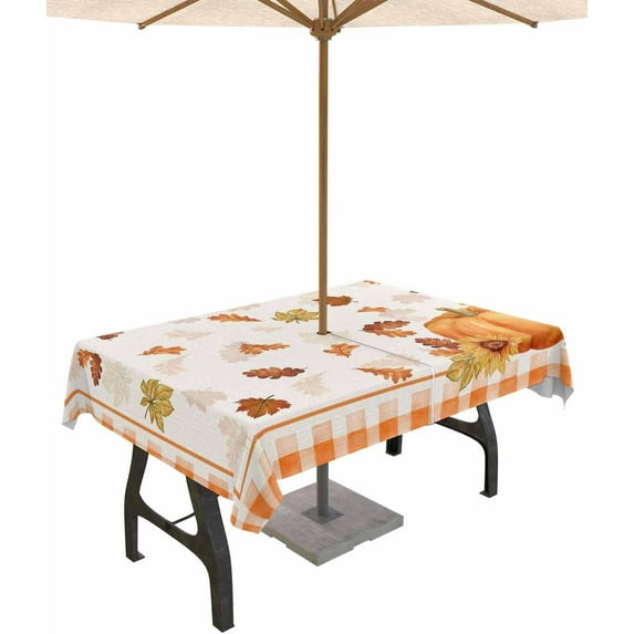 Outdoor Tablecloth with Umbrella Hole & Zipper, Fall Rectangle Tablecloth 60x120 Inch, Orange Pumpkins Thanksgiving Maple Leaf Sunflower Plaid Patio Table Cover Waterproof Table Cloth