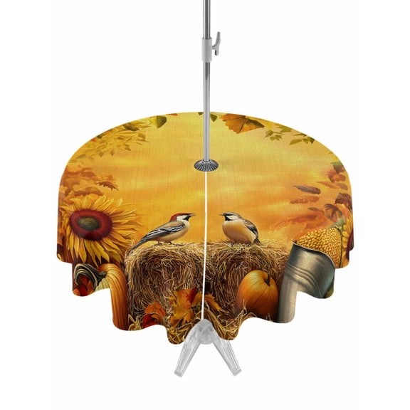 Outdoor Tablecloth with Umbrella Hole and Zipper, Fall Round Table Cloth 54 Inch Waterproof Tablecloth, Thanksgiving Pumpkin Sunflower Maple Leaf Bird Picnic Table Cover for Patio Camping