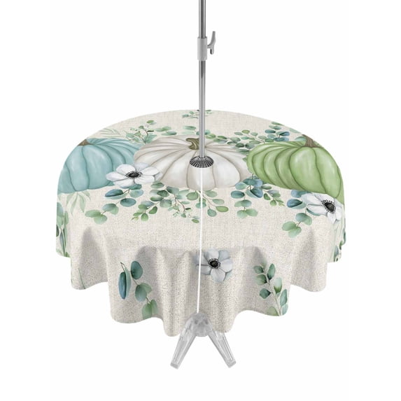 Outdoor Tablecloth with Umbrella Hole and Zipper, Fall Round Table Cloth 60 Inch Waterproof Tablecloth, Blue Green Pumpkins Thanksgiving Eucalyptus Leaf Flower Picnic Table Cover for Patio Camping