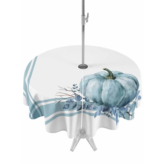 Outdoor Tablecloth with Umbrella Hole and Zipper, Fall Round Table Cloth 60 Inch Waterproof Tablecloth, Blue Pumpkin Thanksgiving Autumn Stripe Leaf Picnic Table Cover for Patio Camping
