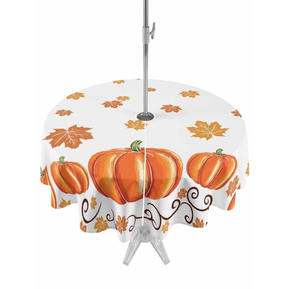 Outdoor Tablecloth with Umbrella Hole and Zipper, Fall Round Table Cloth 60 Inch Waterproof Tablecloth, Thanksgiving Watercolor Pumpkin Maple Leaf Orange Picnic Table Cover for Patio Camping