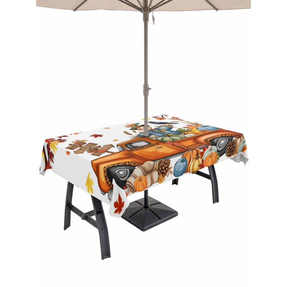 Outdoor Tablecloth with Umbrella Hole and Zipper, Fall Scarecrows Rectangle Table Cloth 54x80 Inch Waterproof Tablecloth, Thanksgiving Truck Pumpkin Maple Leaf Picnic Table Cover for Patio Camping