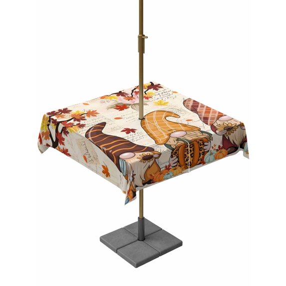 Outdoor Tablecloth with Umbrella Hole and Zipper, Fall Square Table Cloth 54x54 Inch Waterproof Tablecloth, Thanksgiving Gnomes Autumn Maple Leaf Pumpkin Picnic Table Cover for Patio Camping